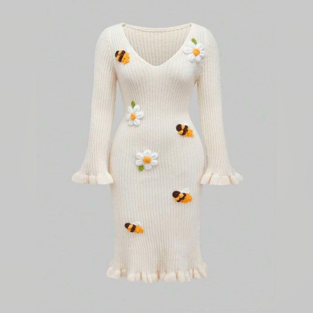 ROMWE Cream Knit Sweater Dress Floral and Bee Dress Plus Size 2xl